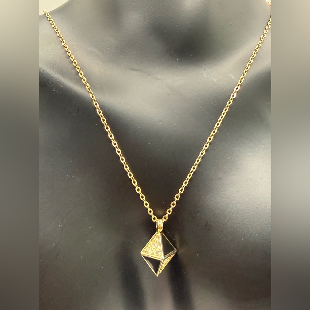 Vintage Dior Gold rhinestones, and black Triangle Pendant with chain Necklace - Picture 5 of 12